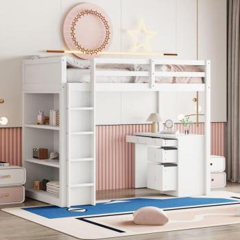Letto a Soppalco 90x200 cm – Bimbi: Contenitore + Tavolo PC in Legno Bianco