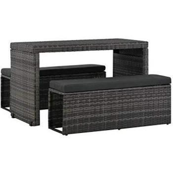 Set da giardino in polirattan grigio con cuscini, 3 pezzi