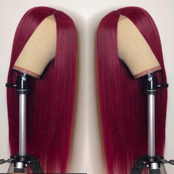 Peluca larga de pelo sintético color vino tinto con malla frontal