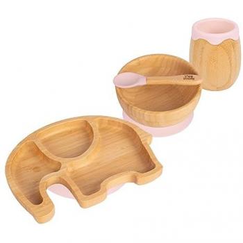 Pastel Pink 4pc Elephant Bamboo Baby Weaning Feeding Set
