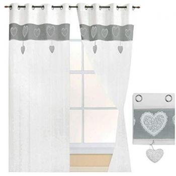 Couleurs Grises: Rideaux Shabby Chic 2pcs, Tissu Semi Transparent à Cœur – 140×290 cm