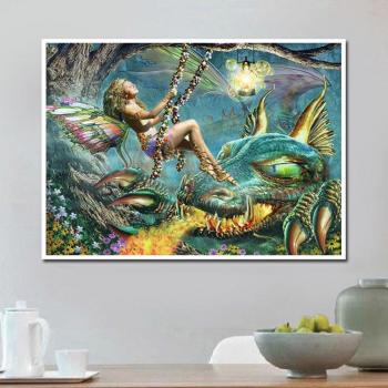 Ricamo di Fantasia: Pittura a Diamanti “Fata e Drago” – Strass Artigianale, 20x30 cm