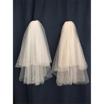 Short Bling Bling Wedding Veil with Rhinestones and Pearls Blusher White Champagne