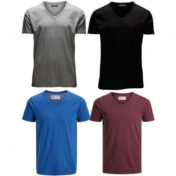 JJEBASAL Herren V‑Neck T-Shirt 4er Pack in XXL – Schwarz, Hellgrau, Klassisches Blau, Zinfandel