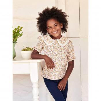 Short Sleeve Floral Blouse with Peter Pan Collar for Girls