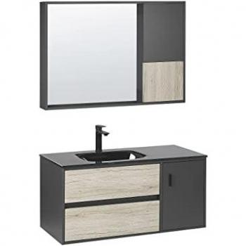 Meuble de vasque 100 cm avec miroir et cabinet bois clair et noir TERUEL