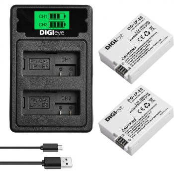 Kit de 2 Baterías LP-E8 + Cargador Dual LCD Tipo C para Canon EOS 600D 550D 650D