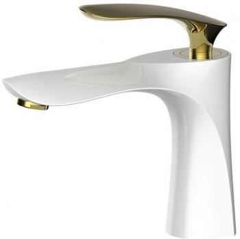 SJQKA Waschbecken-Armatur mit Deckmontage – Weißes Finish, Gold‑Chrom Mischbatterie, Doppelmessing Wasserhahn
