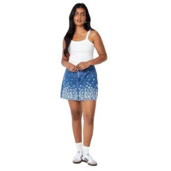 Oasis Women's Blue Cotton Embroidered Hem Denim Mini Skirt