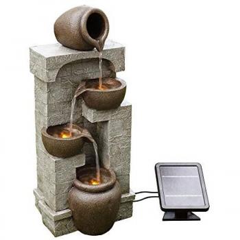 Teamson Home 28.5 in. Gray Solar Powered Stone-Look Tiered Wall Fountain with Bowls and Pots