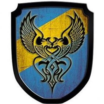 Blaue Holzspielerei: Phönix-Wappenschild