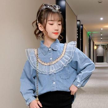 Toddler Infant Girls Solid Blue Lace Patchwork Long Sleeve Top