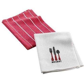 Ensemble de deux torchons bistrot rouge, 50x70cm, en coton tissé avec motif en nid d'abeille brodé
