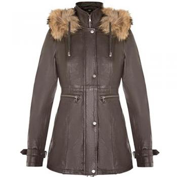 Putian Women's Brown Leather Hooded Parka – Size 24 UK