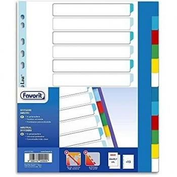Favorit 400132502 Divisori a Foratura Universale per Raccoglitori ad Anelli con 12 Tacche Neutre Colorate, Formato Interno 23 x 29.7 cm, in Polipropilene