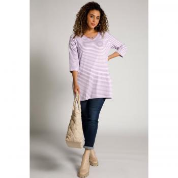Maglia a righe con fasce decorative, scollo a V, maniche 3/4, Donna, Viola, Taglia 52/54, Cotone