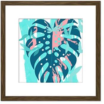 Blue-Pink Swiss Cheese Monstera Leaf Canvas – 8×8 Framed in Brown