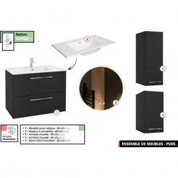 Otitec Collection Salle de Bain Pure Noir – Armoire, Miroir & Vasque Intégrée (80 × 60 × 45 cm)