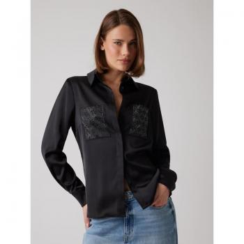 Blusa de poliéster Guess para mujer, negra, manga larga