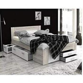 Lit contemporain décor chêne cendré et blanc mat