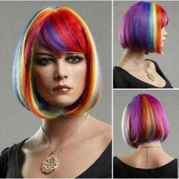 Peluca de Cabello Sintético, Corte Bob Corto, Color Arcoíris, Resistente al Calor