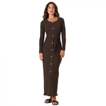 Tall Ribbed Button Maxi Dress in Chocolate Brown