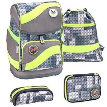 Belmil ergonomischer Schulranzen für Jungen, 5-teilig, mit Patch Set, Dino/Grau, Neongrün