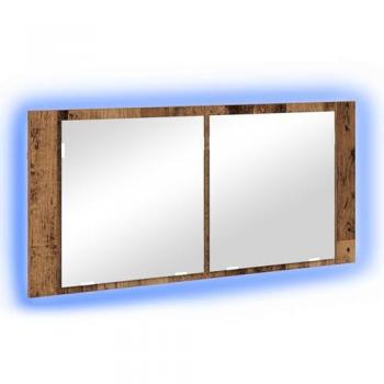 Specchio luminoso a porta in legno antico, con ripiano integrato (100x12x45 cm)