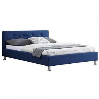 Sommier + lit double Nizza 140x190 cm, cadre en métal chromé, revêtement bleu capitonné