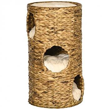 PawHut Kratztonne Katzenturm 73cm 3-Ebenen mit Kissen aus Wasserhyazinthe und Stahl, hellbraun