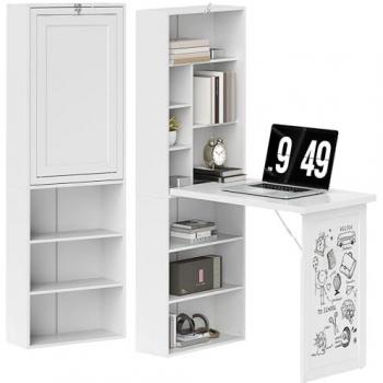 Bureau Multifonction Homcom Pliable – Bibliothèque Intégrée et Tableau Blanc – 98x51x153 cm – Blanc