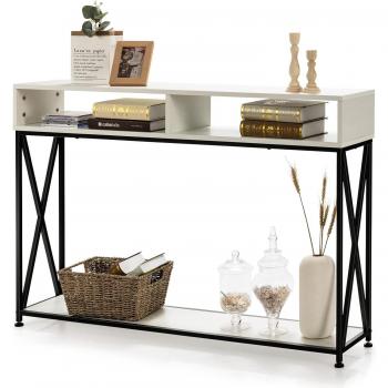 Tavolo Consolle Ingresso: 2 Livelli, Piedini Regolabili, Telaio di Metallo, Design Salvaspazio (Bianco)
