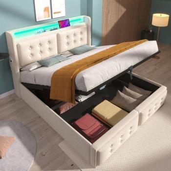 Letto Idrico Beige con USB e Rete a Doghe – 160x200 cm