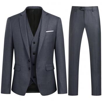 Conjunto traje slim-fit Allthemen, incluye chaqueta, pantalón y chaleco, color sólido gris oscuro, talla XL