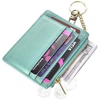 Ehsbuy Teal Leather Zipper Coin Purse Keychain Wallet