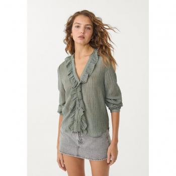 Khaki Ruffled Flow Shirt, Size S – Stradivarius
