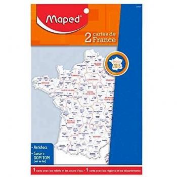 Sachet de 2 cartes départements, 3 couleurs, cours d'eau et relief