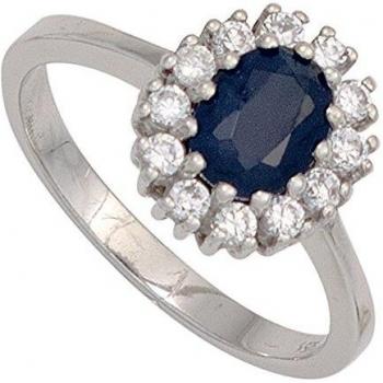 Silberring JOBO: 925 Sterlingsilber rhodiniert, blauer Saphir & 12 Zirkonia – Ø 60 mm – Damenmode
