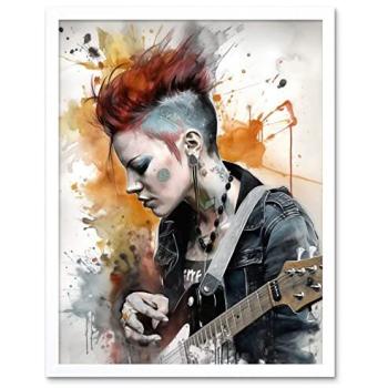 Urban Rocker: 12x16 Framed Watercolor of Punk Girl with Mohawk & Guitar
