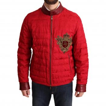 Dolce & Gabbana Red Brocade Bomber Jacket with Gold Crown Logo