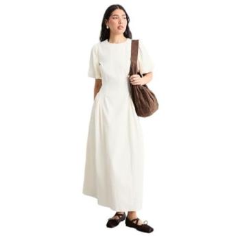 Textured Cream Godet Puff-Midi Dress for Women – Size 16