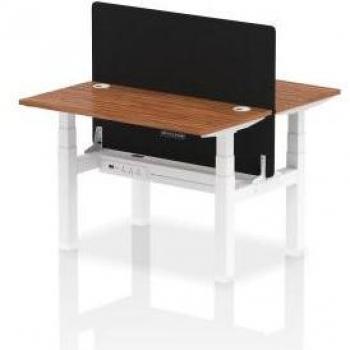 Air Back-to-Back 1200 x 600mm Height Adjustable 2 Person Bench Office Desk Walnut Top with Cable Ports White Frame Black Straight Screen