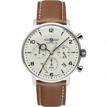 Reloj Zeppelin Hindenburg LZ 129 Solar Cronógrafo para Hombre con Correa de Cuero Marrón y Esfera Beige 8086-5_n