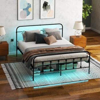 Black Premium King Bed Frame: LED Glow, In‑Bed Power Outlet & Storage