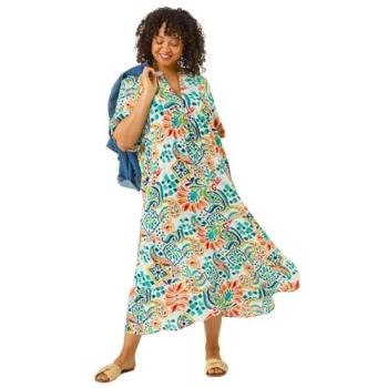 Mid‑Length Curve Print V‑Neck Dress (Blue)