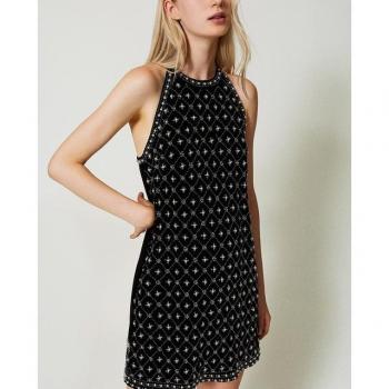Twinset Abito Halter in Velluto Nero con Strass