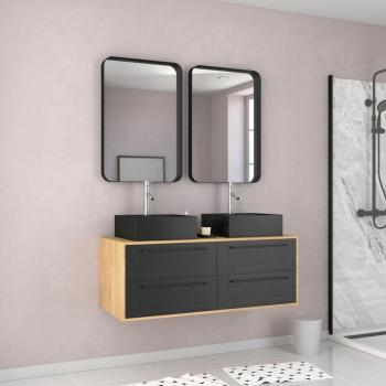 Rangement de salle de bain 120 cm – 2 vasques carrées – 2 miroirs – couleur chêne naturel, finition noire mate