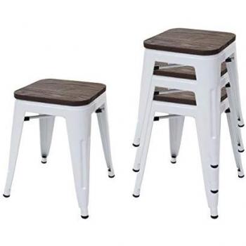 Set di Sgabelli Poggiapiedi Bistrot HWC-A73 in Legno e Metallo, Colore Bianco