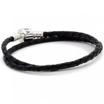 Pulsera de plata de ley con cuero negro, 35 cm