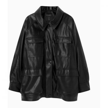 Nerazzurri Women's Oversized Faux Leather Jacket with Long Sleeves and Pockets (4XL-5XL)